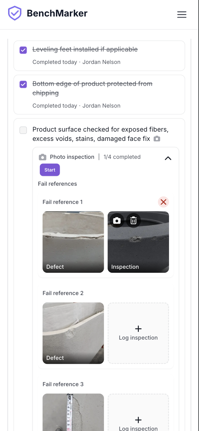 A completed checklist item pairing a fail reference with inspection evidence