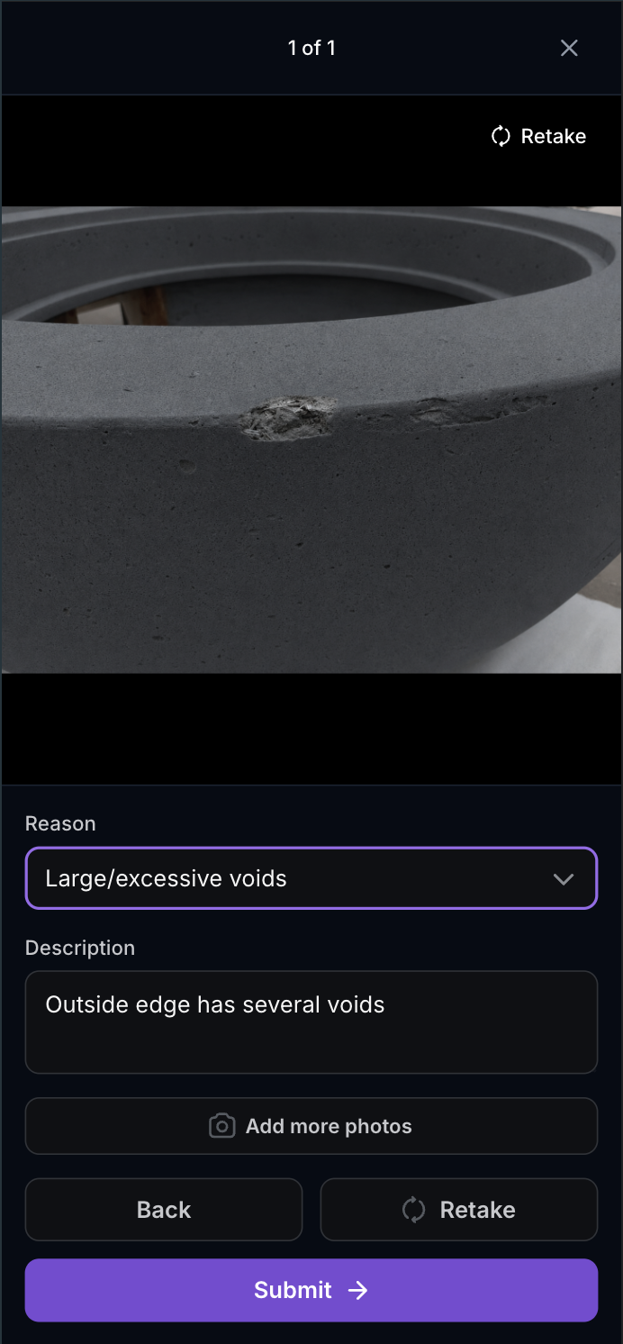 An inspection report with a reason, description, and supporting photos