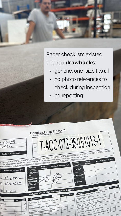 A paper quality checklist beside a concrete product on the factory floor