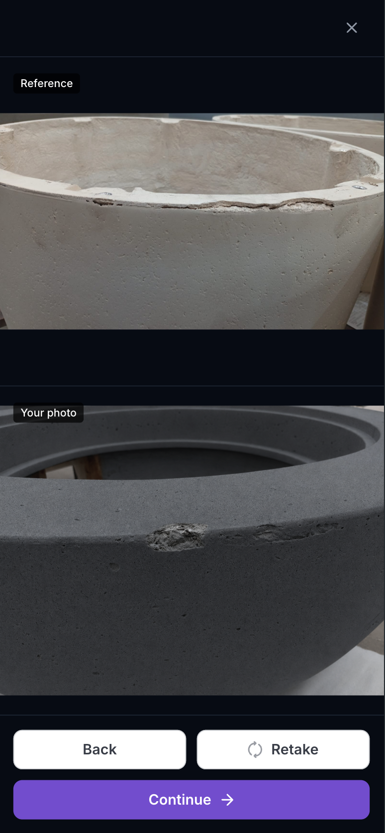 A side-by-side comparison between a reference photo and an inspector's photo