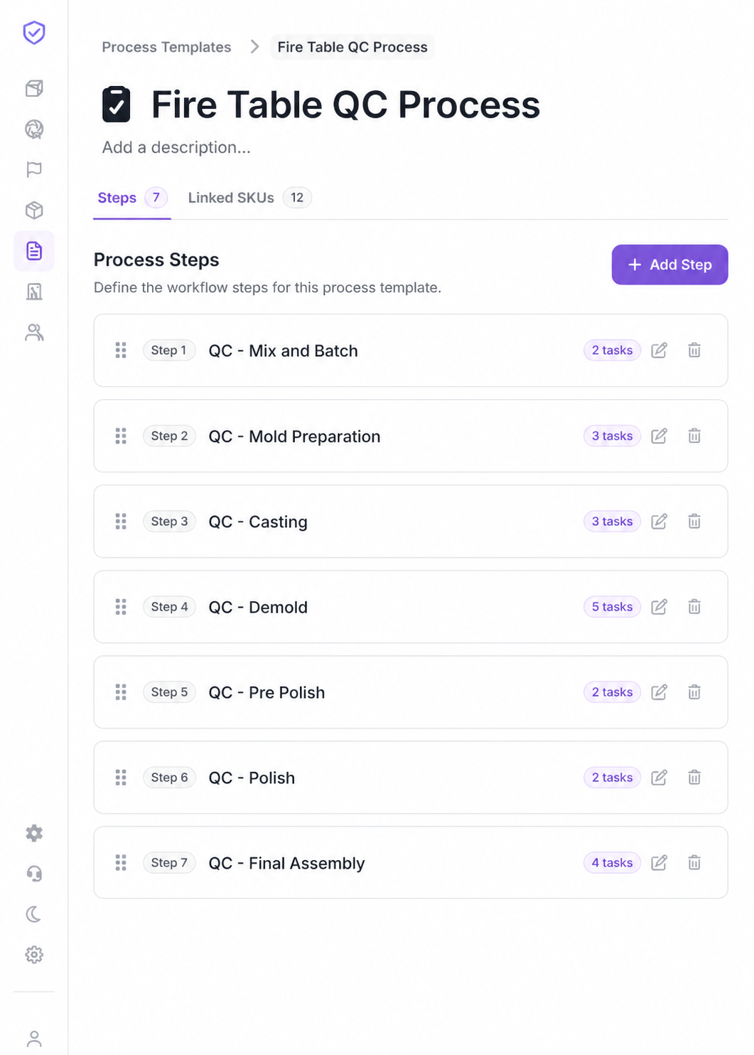 The full Fire Table QC Process template with seven quality-control steps