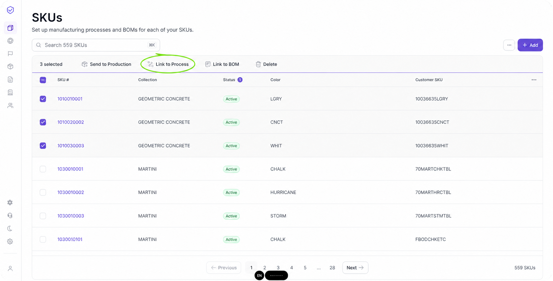 A Benchmarkr SKU catalog showing product collections, dimensions, colors, and statuses